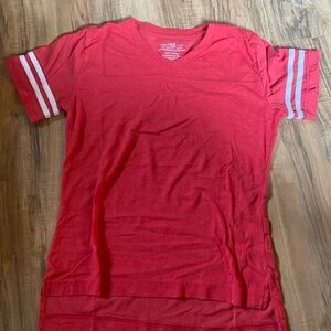 Red V-Neck Baseball T-Shirt with Striped Sleeves